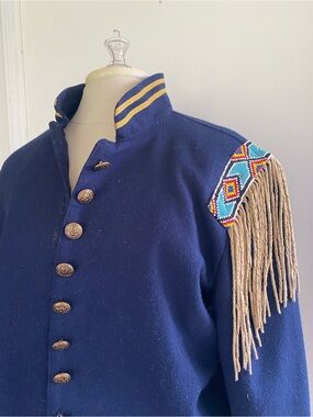 Double D Ranch Navy Wool Military Coat with Beaded Shoulder and Tan Fringe